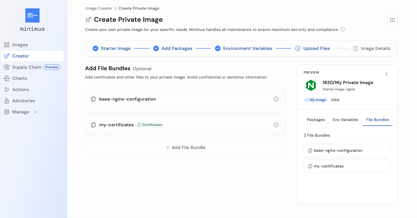 Minimus Image Creator build summary showing selected file bundles that will be automatically included in a private image.