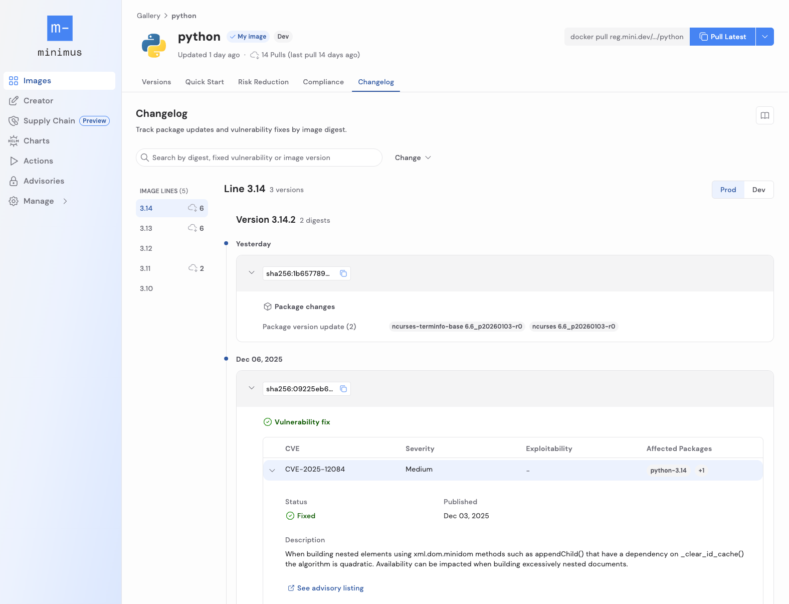 Minimus detailed changelog for python minimal image showing each change between image versions in Minimus platform.