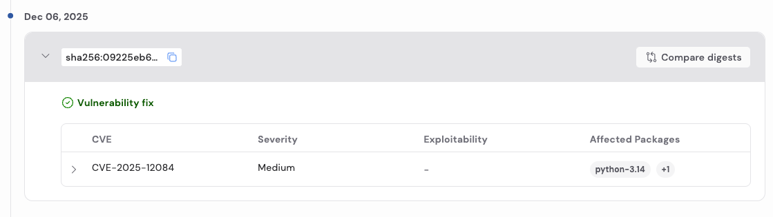 Compare two Minimus image digests showing exactly what changed between versions, including packages, versions, and vulnerability fixes.