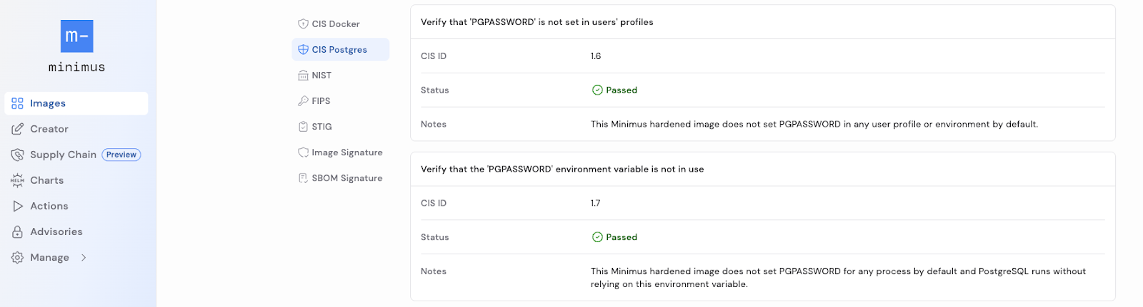 Detailed dashboard for Minimus CIS Postgres hardened image
