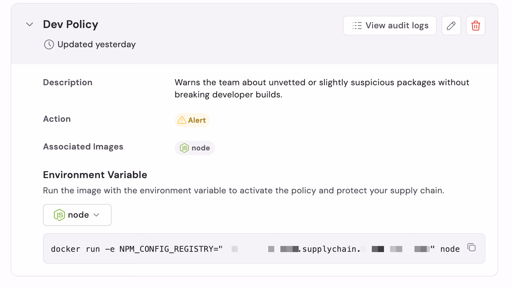 Minimus supply chain policy details page showing an active policy, associated container images, enforcement mode, and registry configuration for NPM package protection.