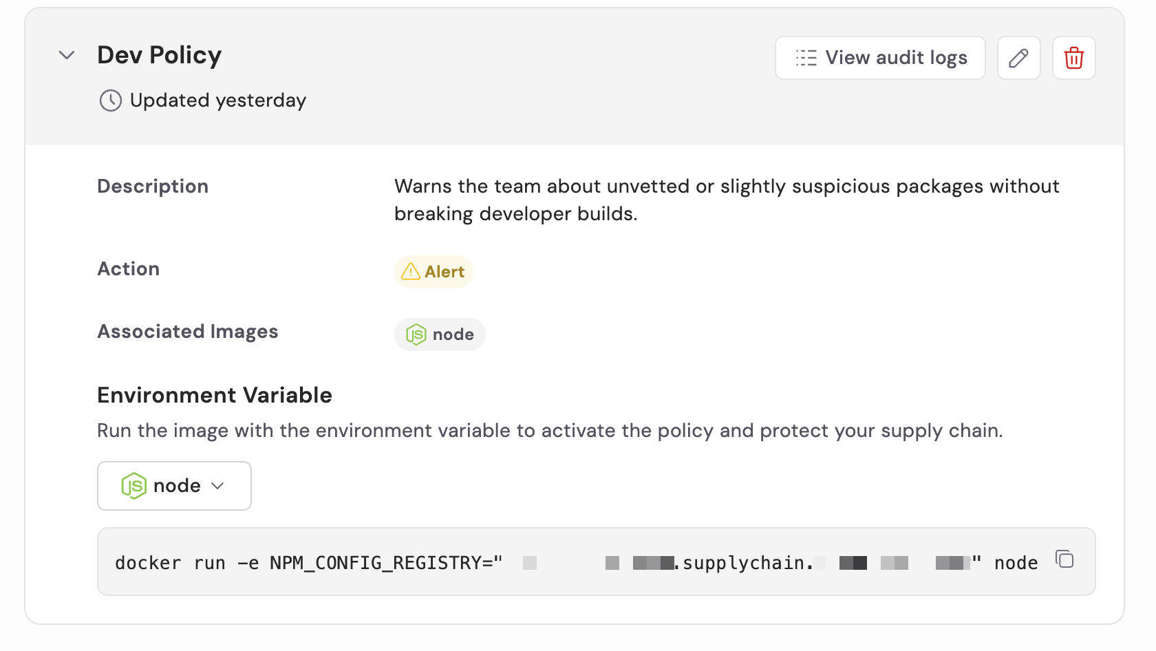 Minimus supply chain policy details page showing an active policy, associated container images, enforcement mode, and registry configuration for NPM package protection.