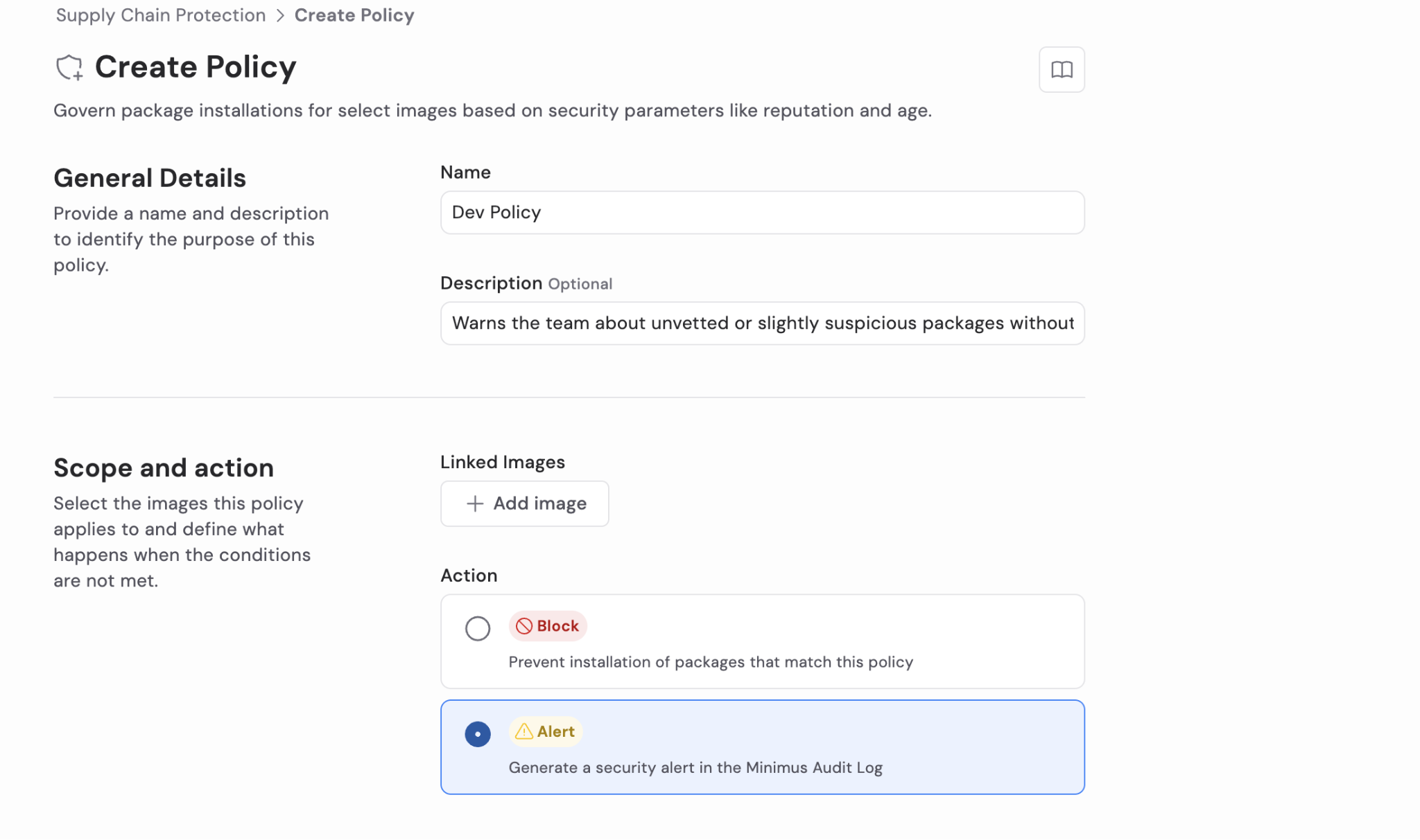 Minimus Supply Chain Protection policy creation screen showing policy details, linked images, and enforcement options for blocking or alerting on untrusted application dependencies.