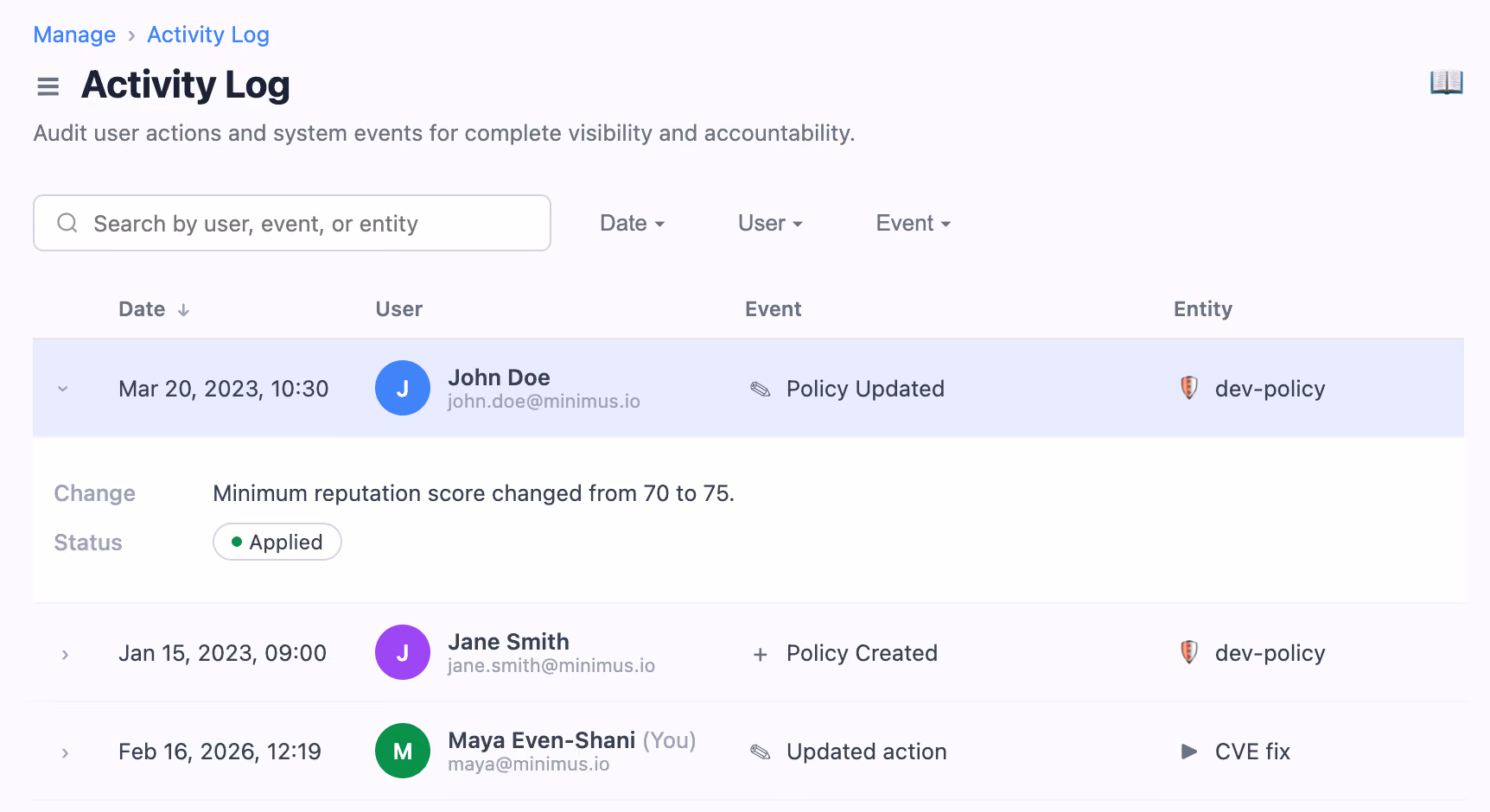 Minimus activity log showing policy creation, policy updates, enforcement changes, and user actions related to supply chain protection management.