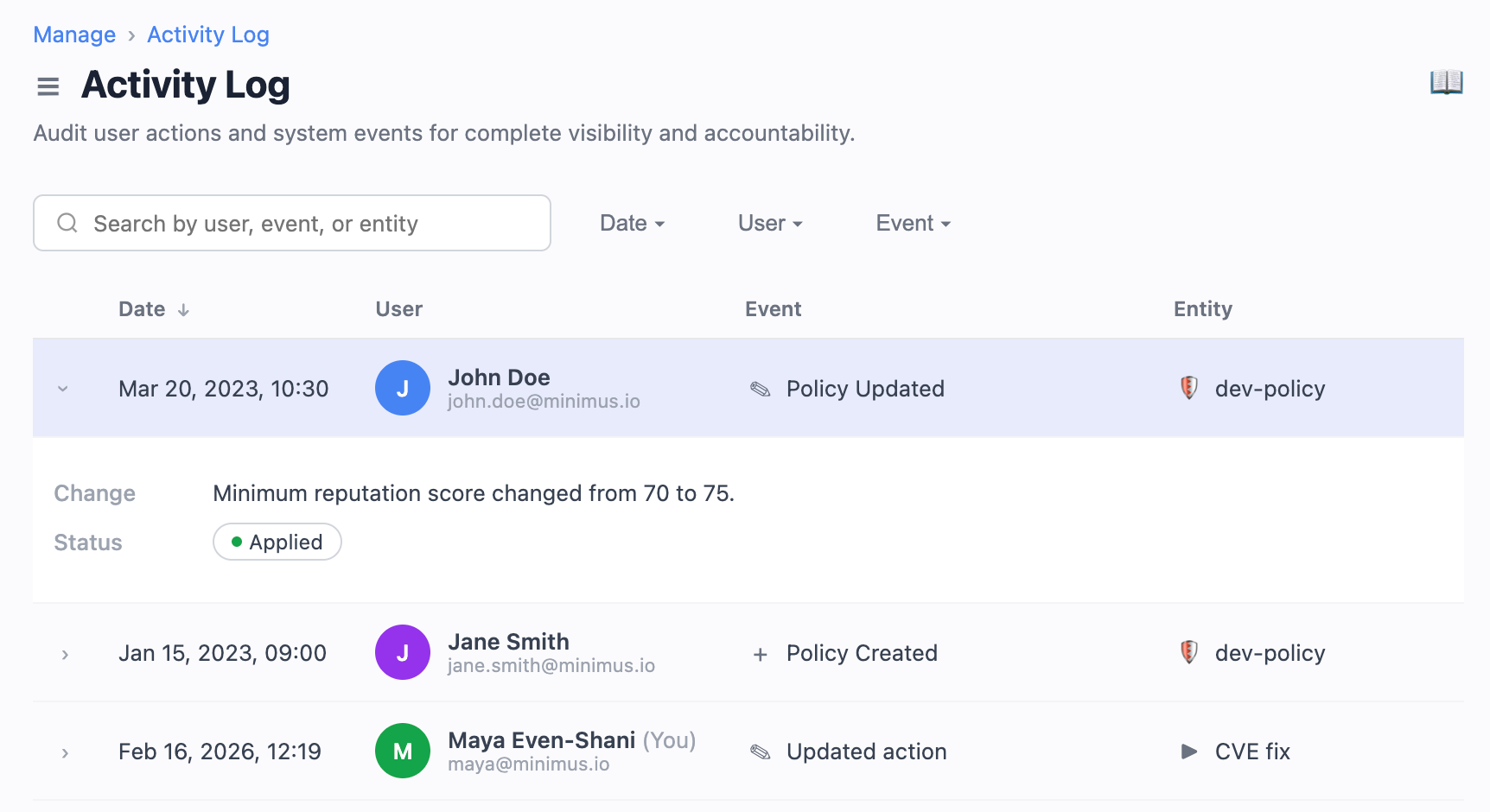 Minimus activity log showing policy creation, policy updates, enforcement changes, and user actions related to supply chain protection management.