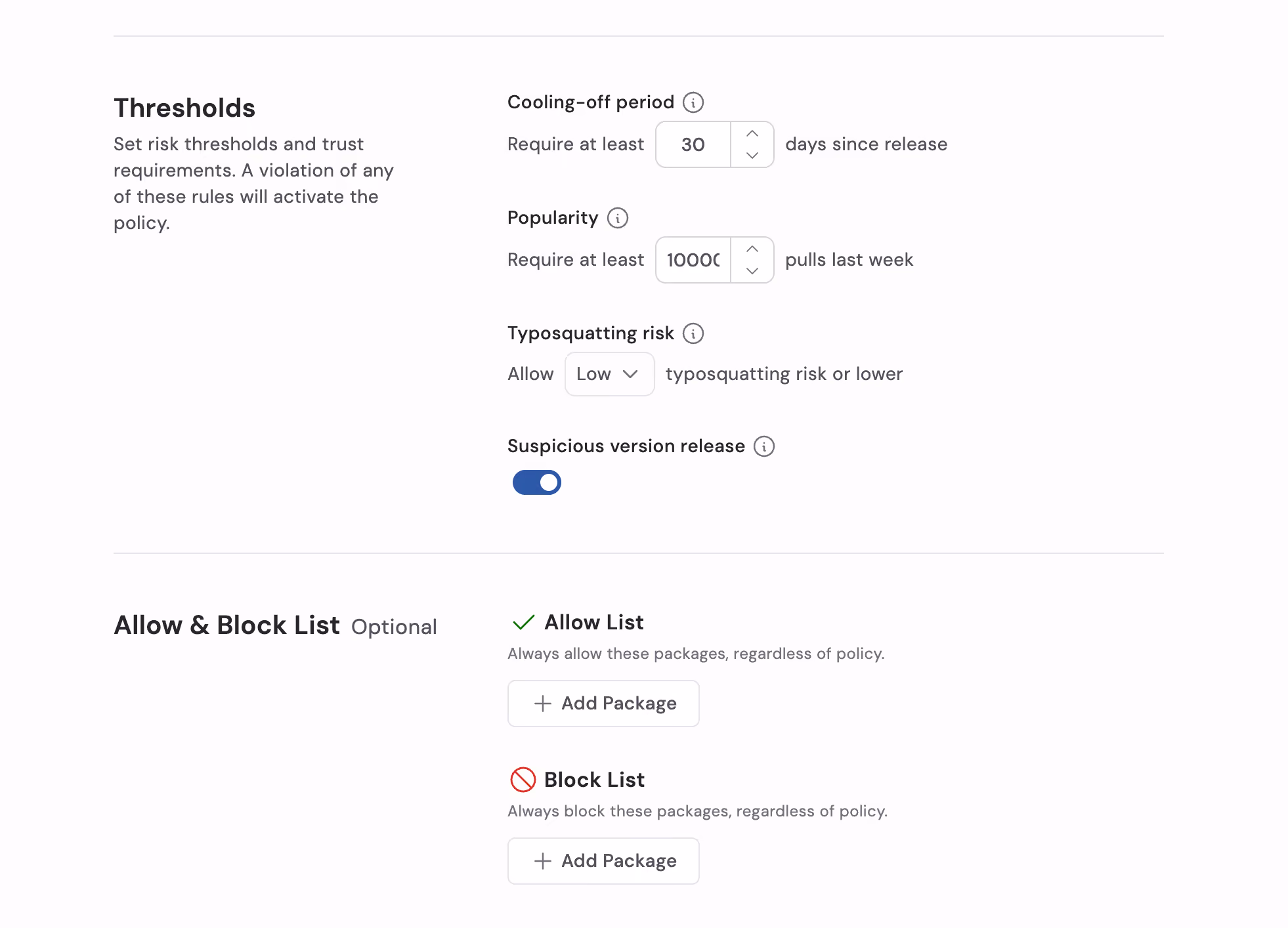 Minimus Supply Chain Protection policy settings showing cooling-off periods, package popularity requirements, typosquatting detection, suspicious release validation, and allow/block lists.