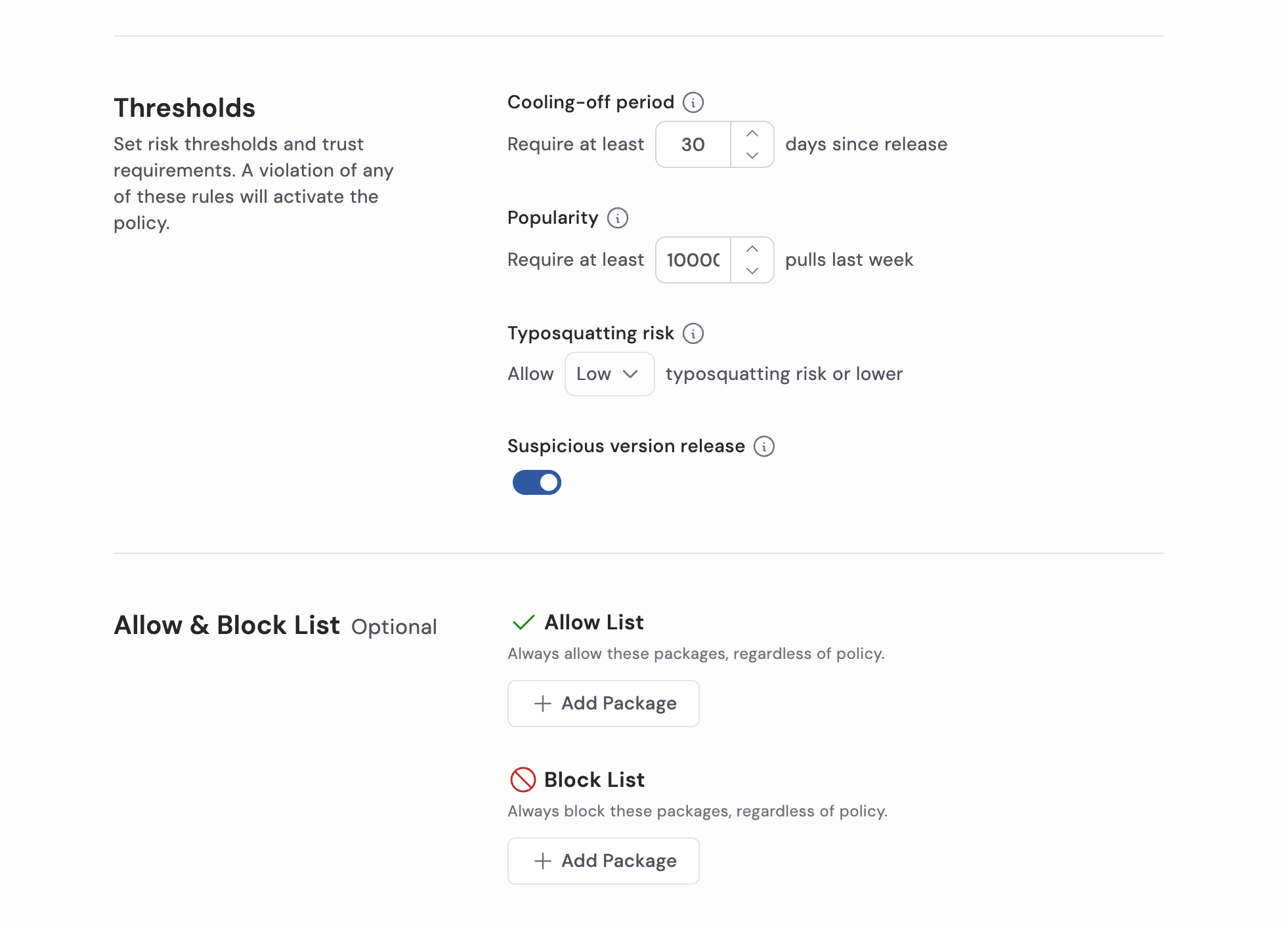 Minimus Supply Chain Protection policy settings showing cooling-off periods, package popularity requirements, typosquatting detection, suspicious release validation, and allow/block lists.