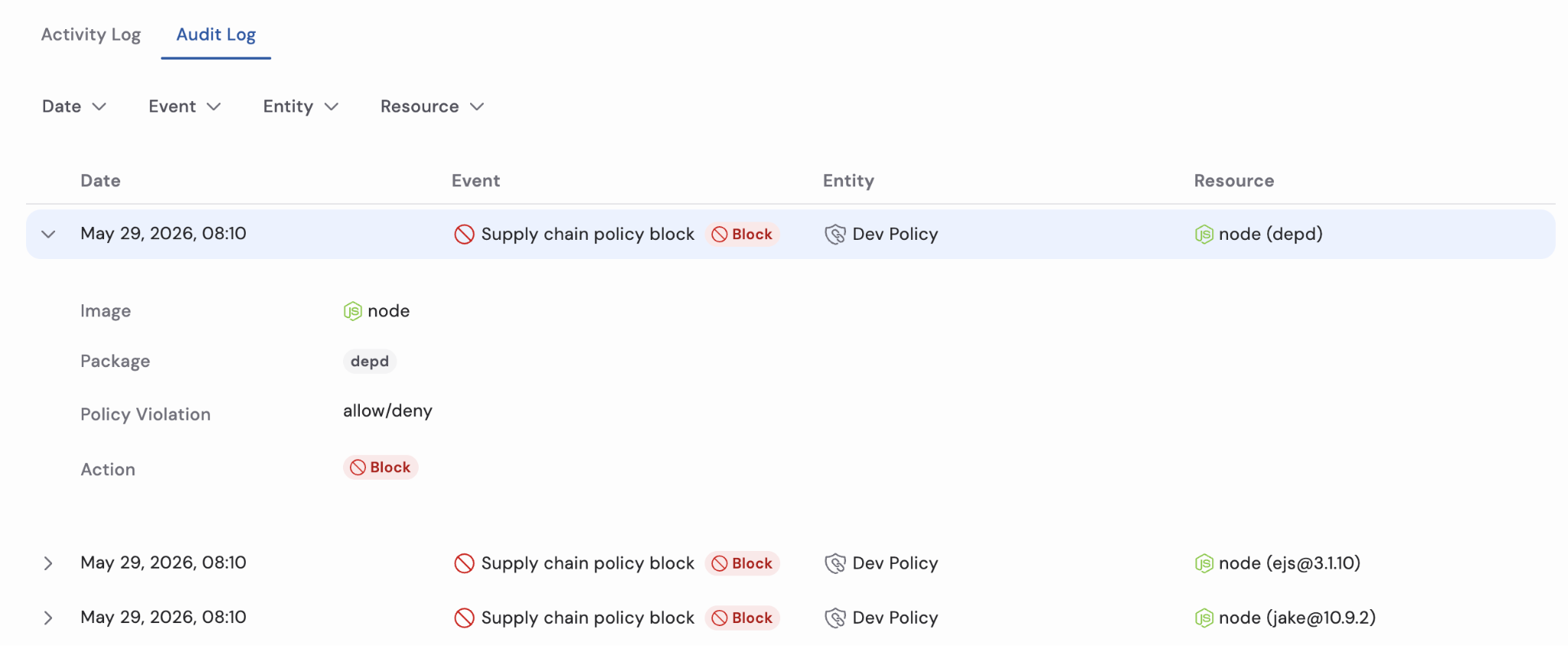 Minimus audit log displaying blocked package installations, policy violations, affected packages, and enforcement actions for supply chain protection policies.