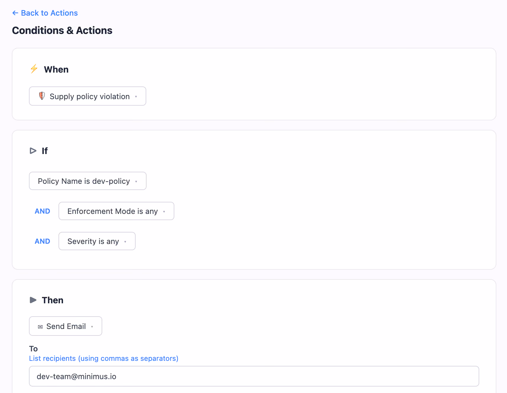 Minimus Actions configuration screen showing automated email notifications triggered by supply chain policy violations.