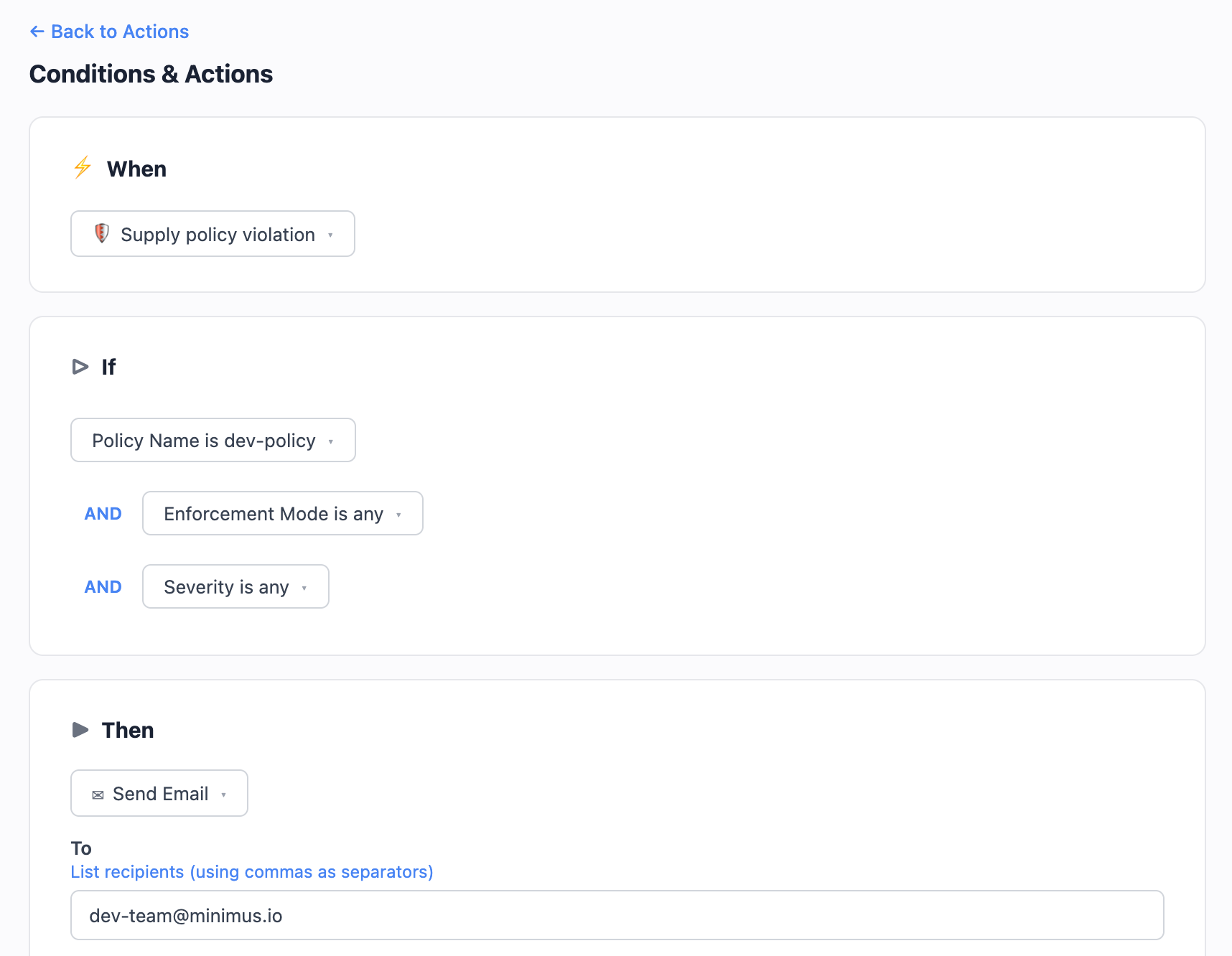 Minimus Actions configuration screen showing automated email notifications triggered by supply chain policy violations.
