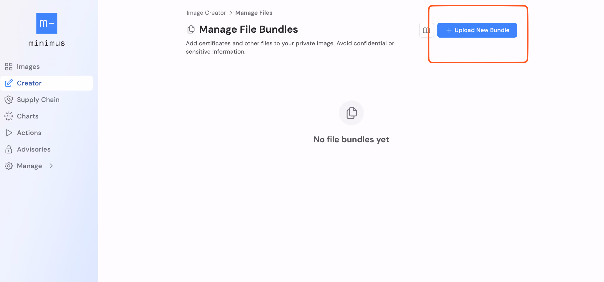 Minimus Image Creator interface showing the “Manage File Bundles” view used to create and manage reusable file bundles.