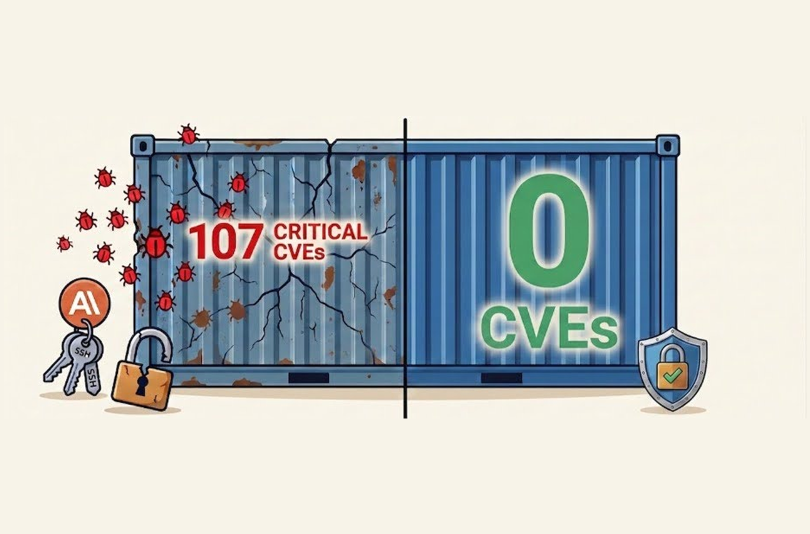 Diagram comparing official Claude Code container with 107 critical CVEs versus Minimus hardened container with zero critical CVEs