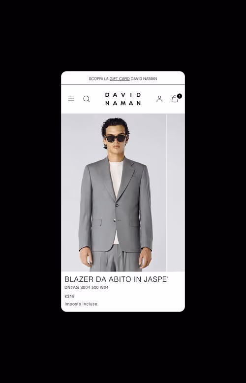 David Naman Shopify product page on mobile: grey blazer