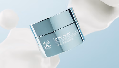 RVB LAB Hydra Boost cream jar in a splash of cream, 3D render
