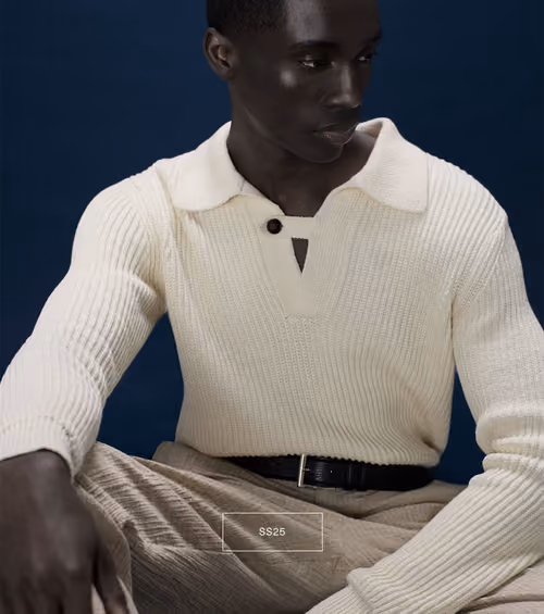 David Naman SS25: model in a cream knit polo