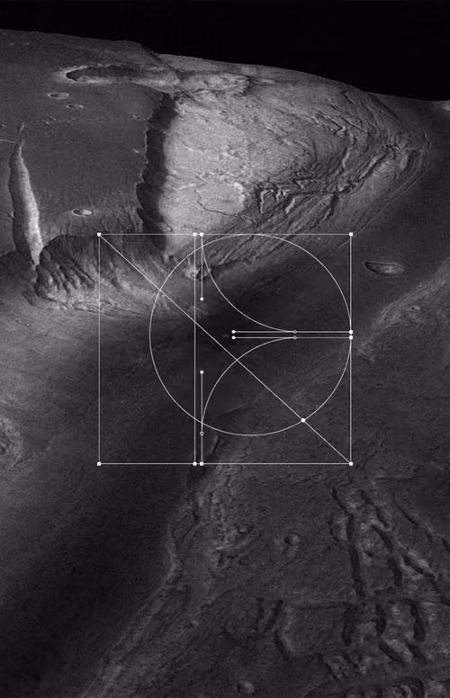 Rewop logo construction over a black and white terrain image