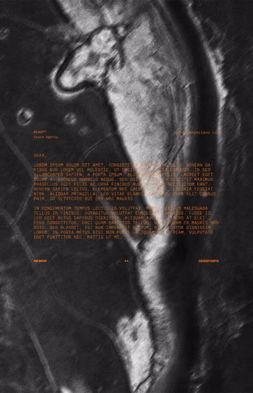 Rewop brand visual: black and white texture with orange text