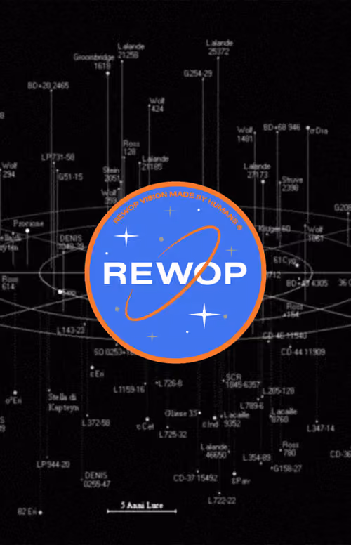 Rewop poster: logo in an orange and blue badge over a star map
