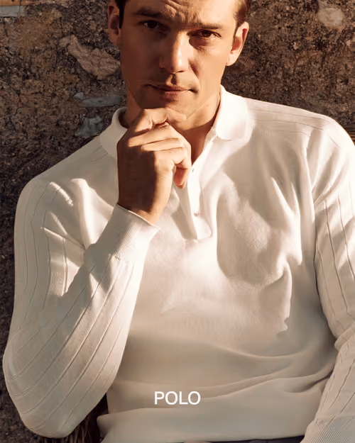 Paul Taylor: model in a cream knit polo