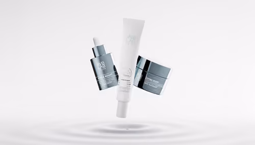 RVB LAB skincare products floating over water, 3D render