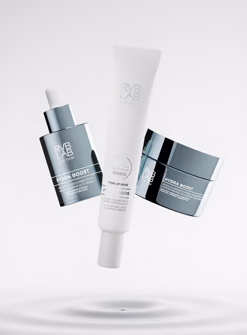 RVB LAB serum, cream and tube floating above water, 3D render