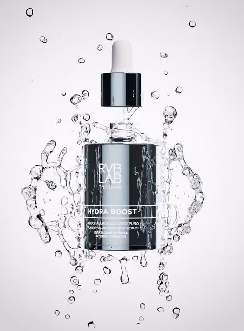 RVB LAB Hydra Boost serum bottle with a water splash, 3D render