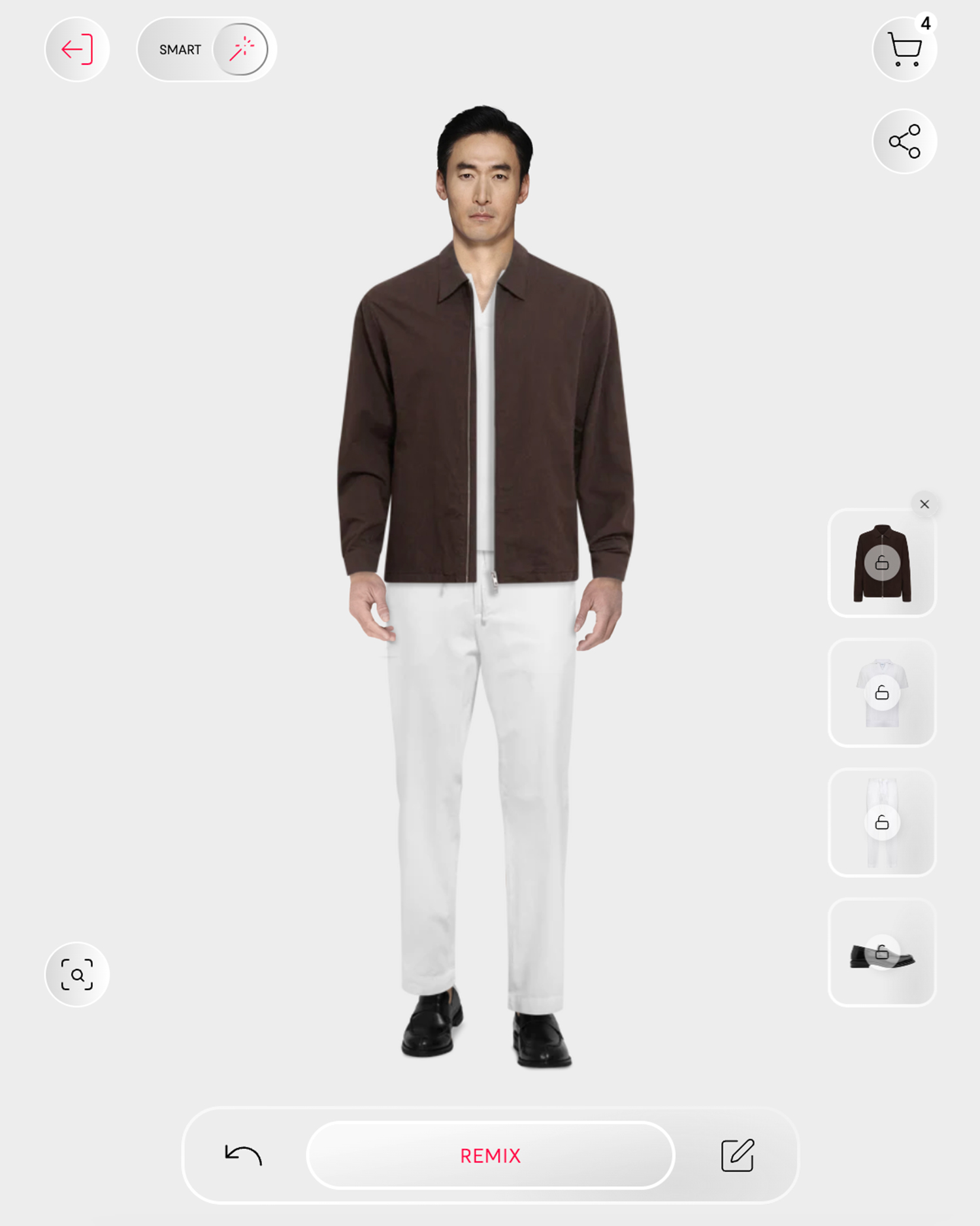 Dan John look builder in Smart mode: brown zip jacket with white trousers