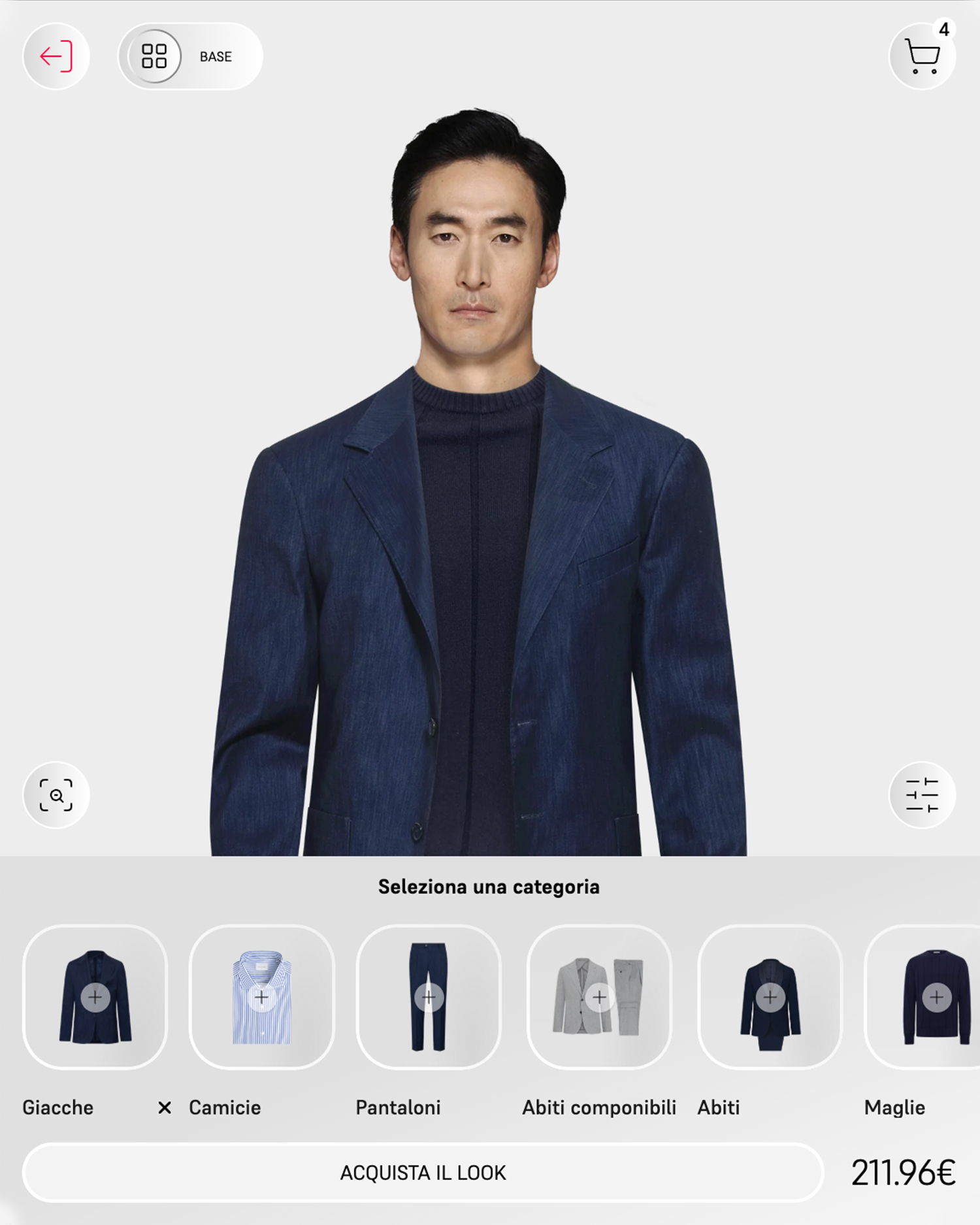 Dan John look builder in Base mode: blue jacket and category selector
