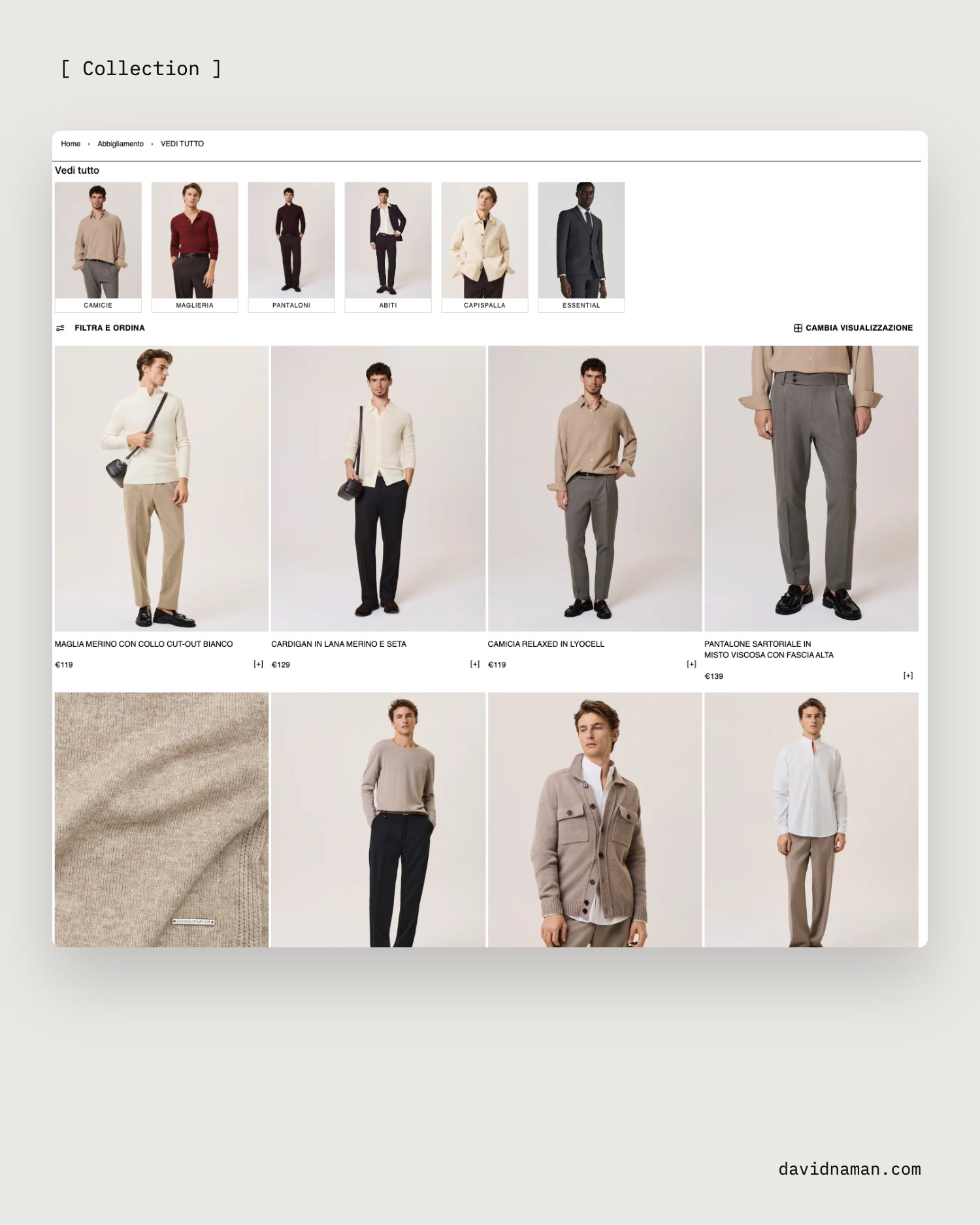 David Naman collection page on desktop, with category tiles and product grid