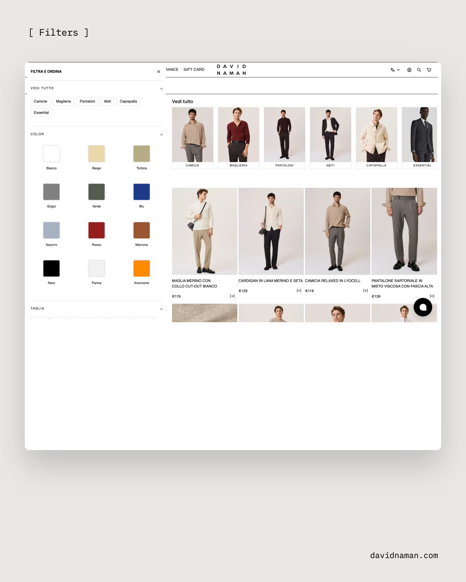 David Naman collection filters by category, color and size on desktop