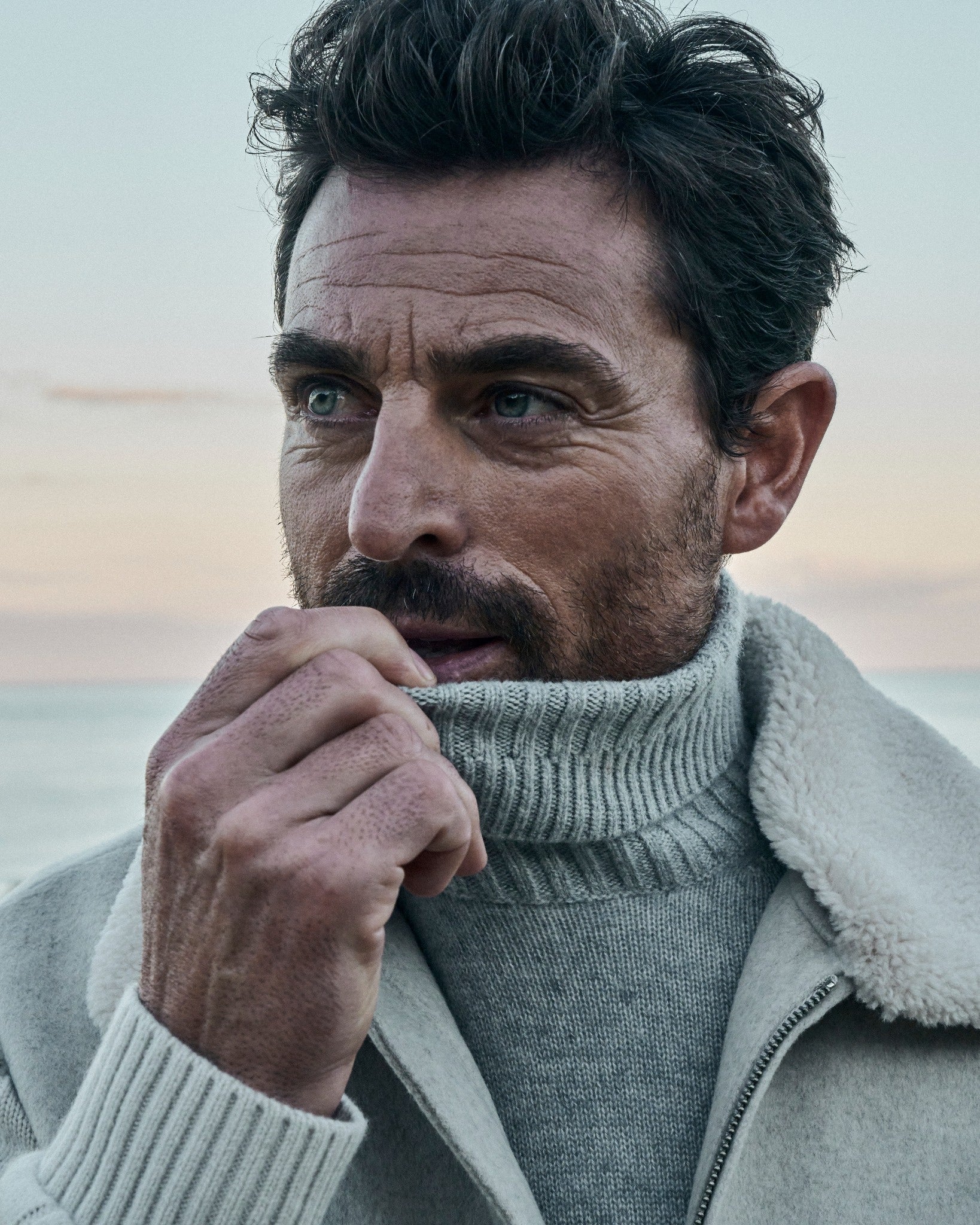Paul Taylor FW26: close-up of a model in a shearling collar coat