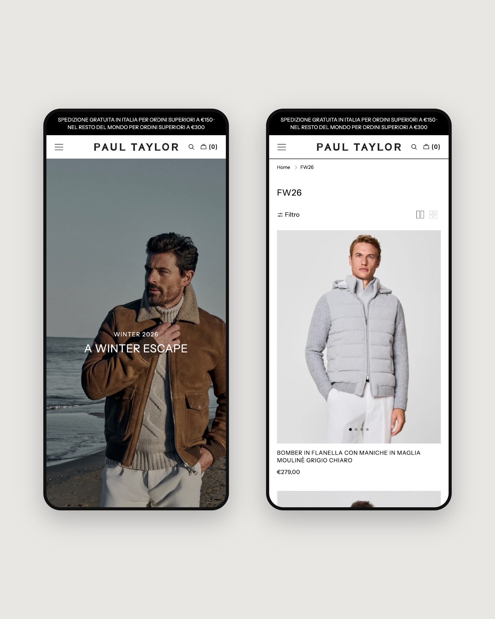 Paul Taylor FW26 home page and collection on two phones