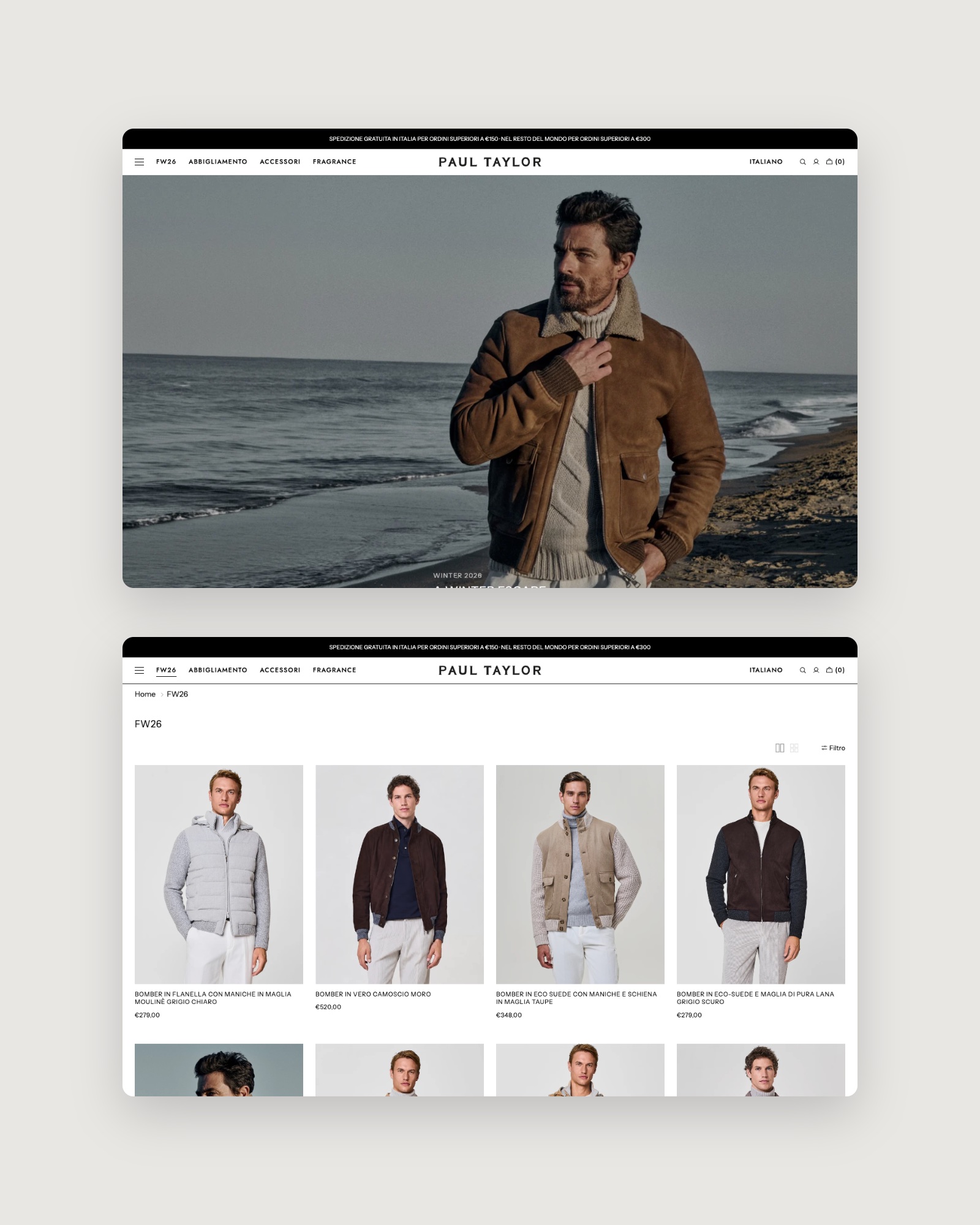 Paul Taylor Shopify store home and collection pages on desktop