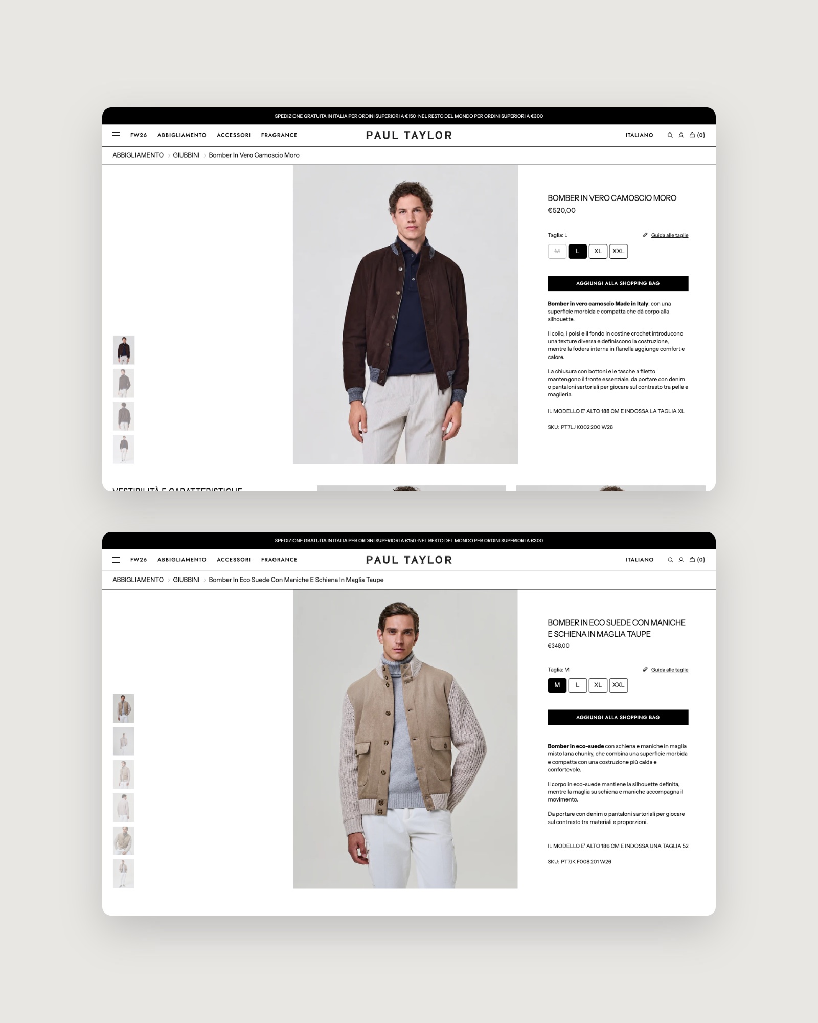 Paul Taylor product page and FW26 collection grid on desktop