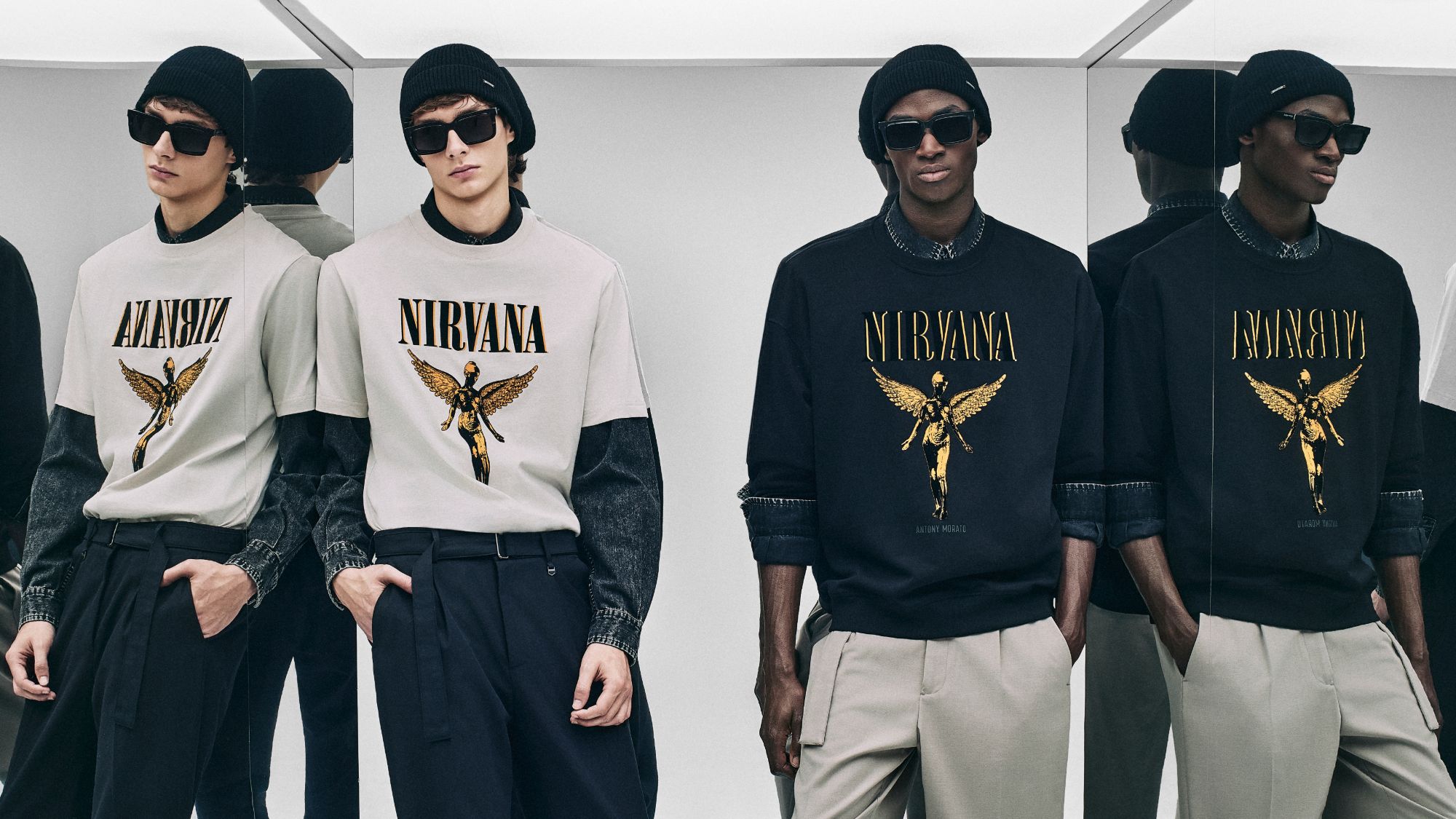 Antony Morato Nirvana capsule: t-shirt and sweatshirt with beanies and sunglasses