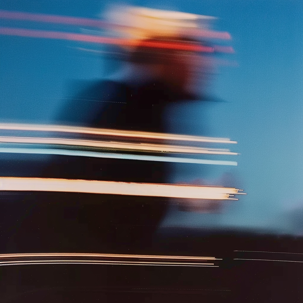 Motion-blurred figure with light trails against a blue sky