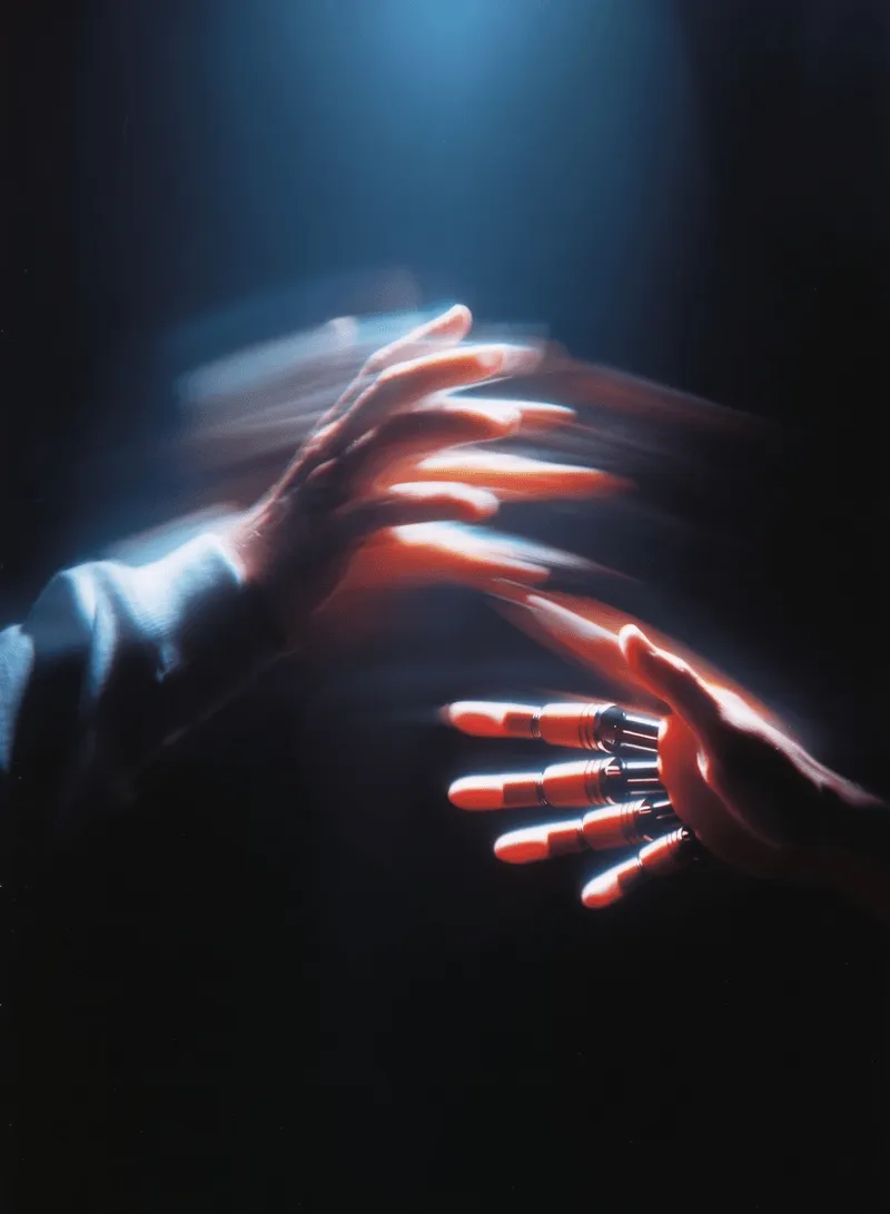 AI-generated image of hands blurred in red and blue light