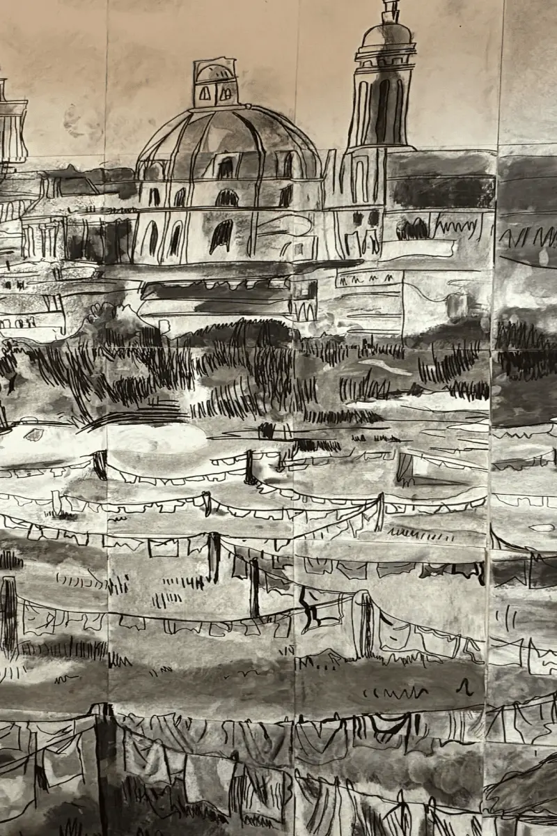 Dessin en noir et blanc représentant un paysage urbain avec un grand dôme, une tour, et des lignes évoquant des filets ou des drapeaux suspendus en premier plan.