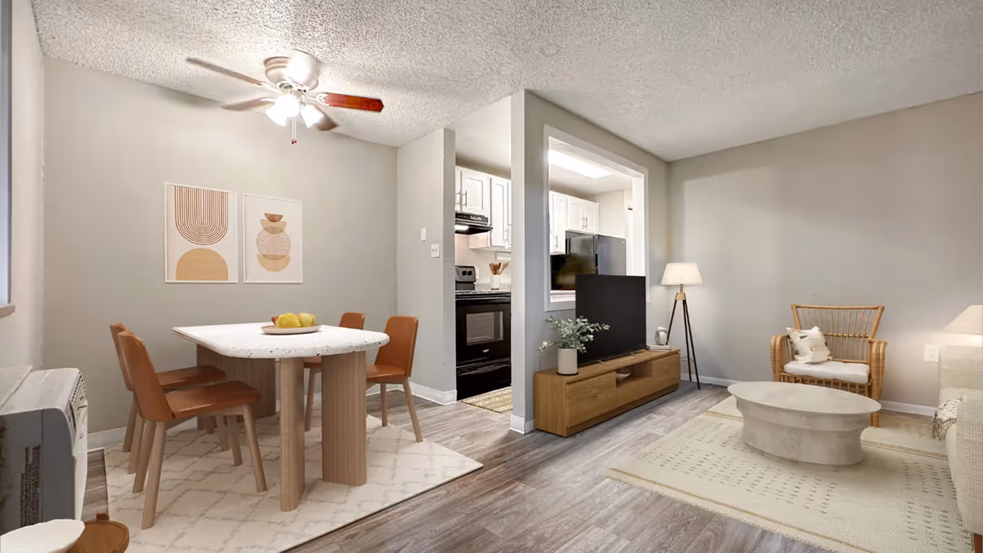 living room, dining, kitchen