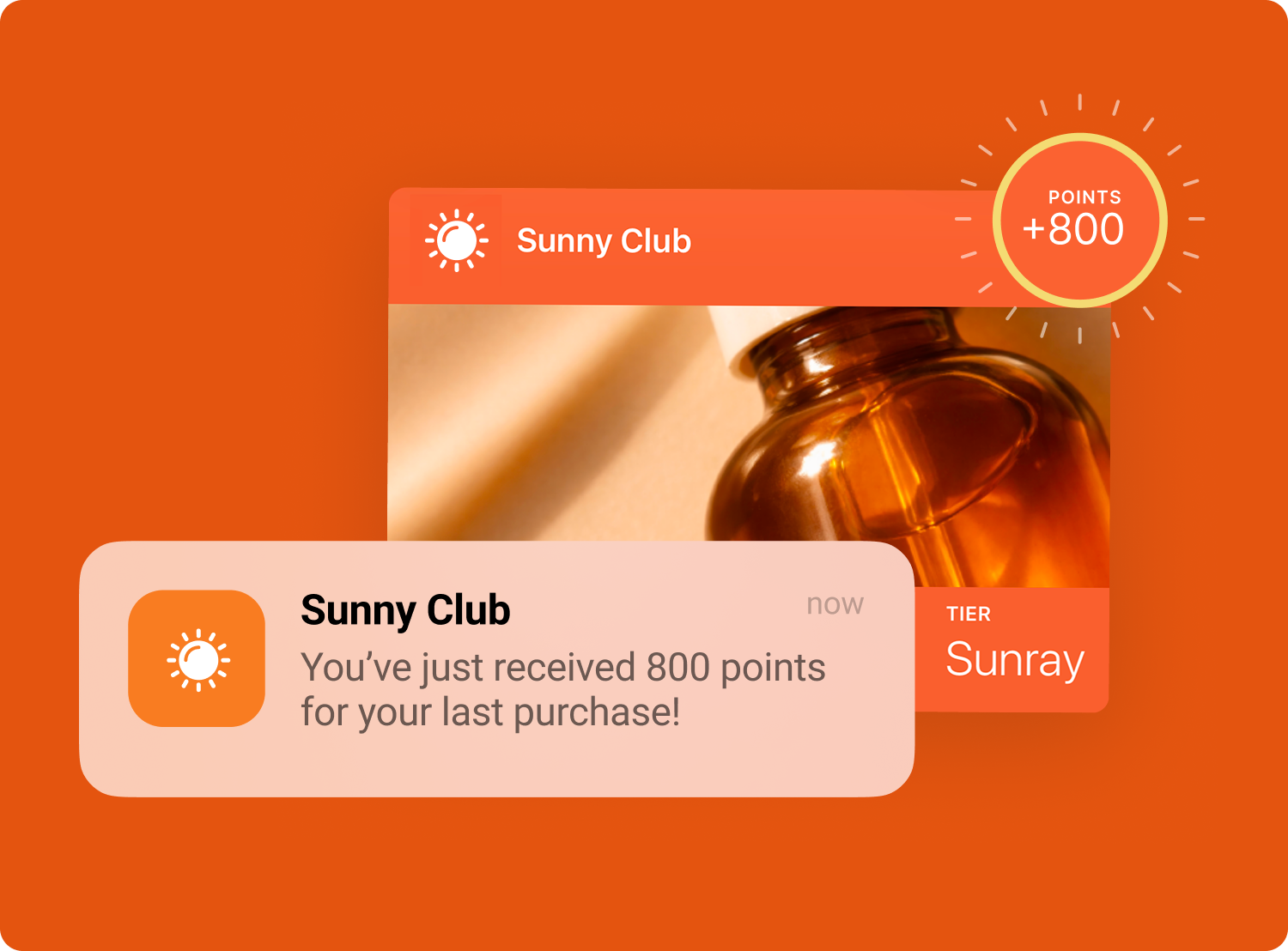 Sunny Club loyalty card with a notification that a member just received 800 points for their last purchase