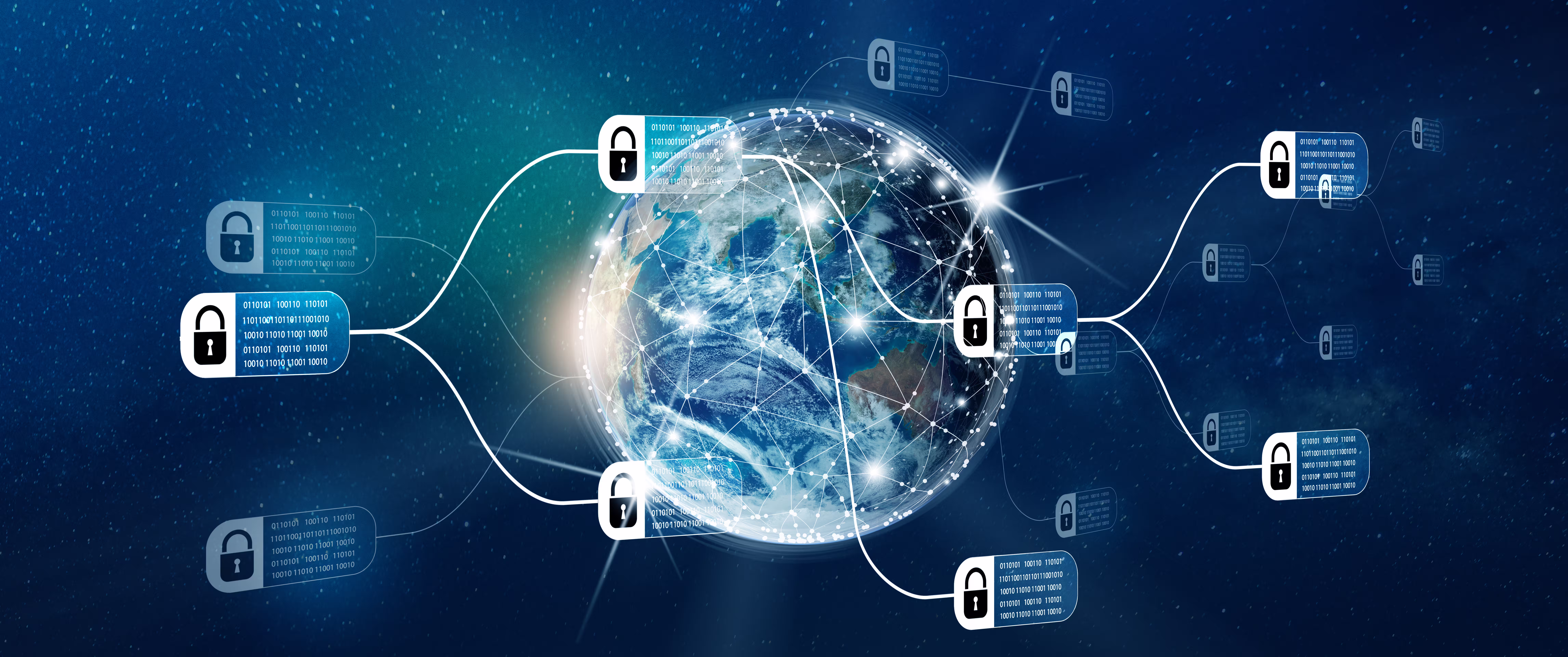 Tecnología blockchain para transacciones cross border con iconos de seguridad y data codificada sobre fondo azul