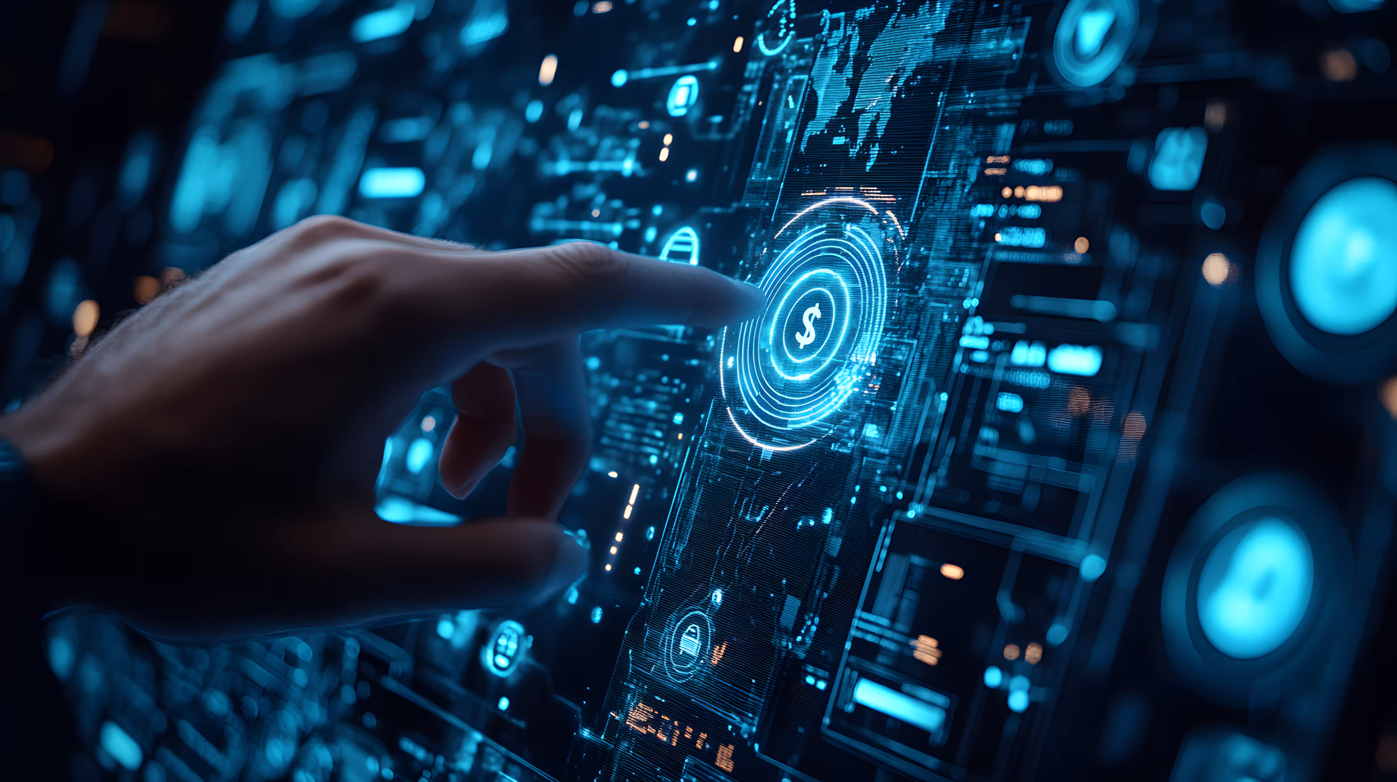 icono de activo digital con dedo oprimiendo sobre él, data-flow e icono de seguridad block chain para transacciones de criptomonedas y criptomonedas estables