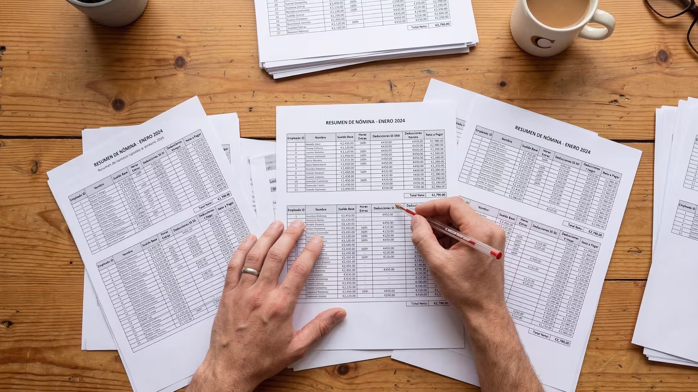 Persona revisando unos resúmenes de nómina y su layout bancario