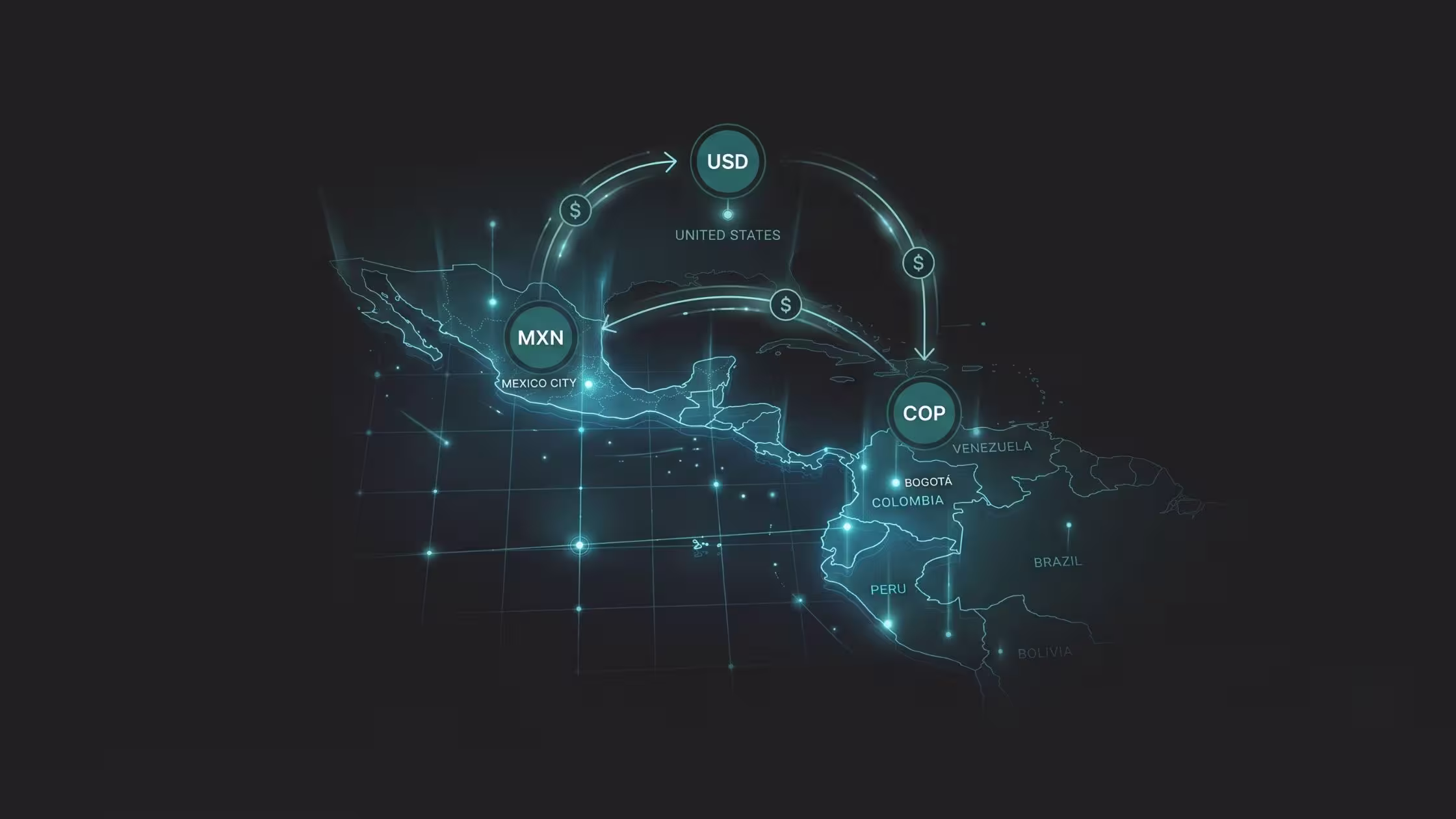 ilustración de región LATAM para operaciones en divisas extranjeras sobre fondo negro