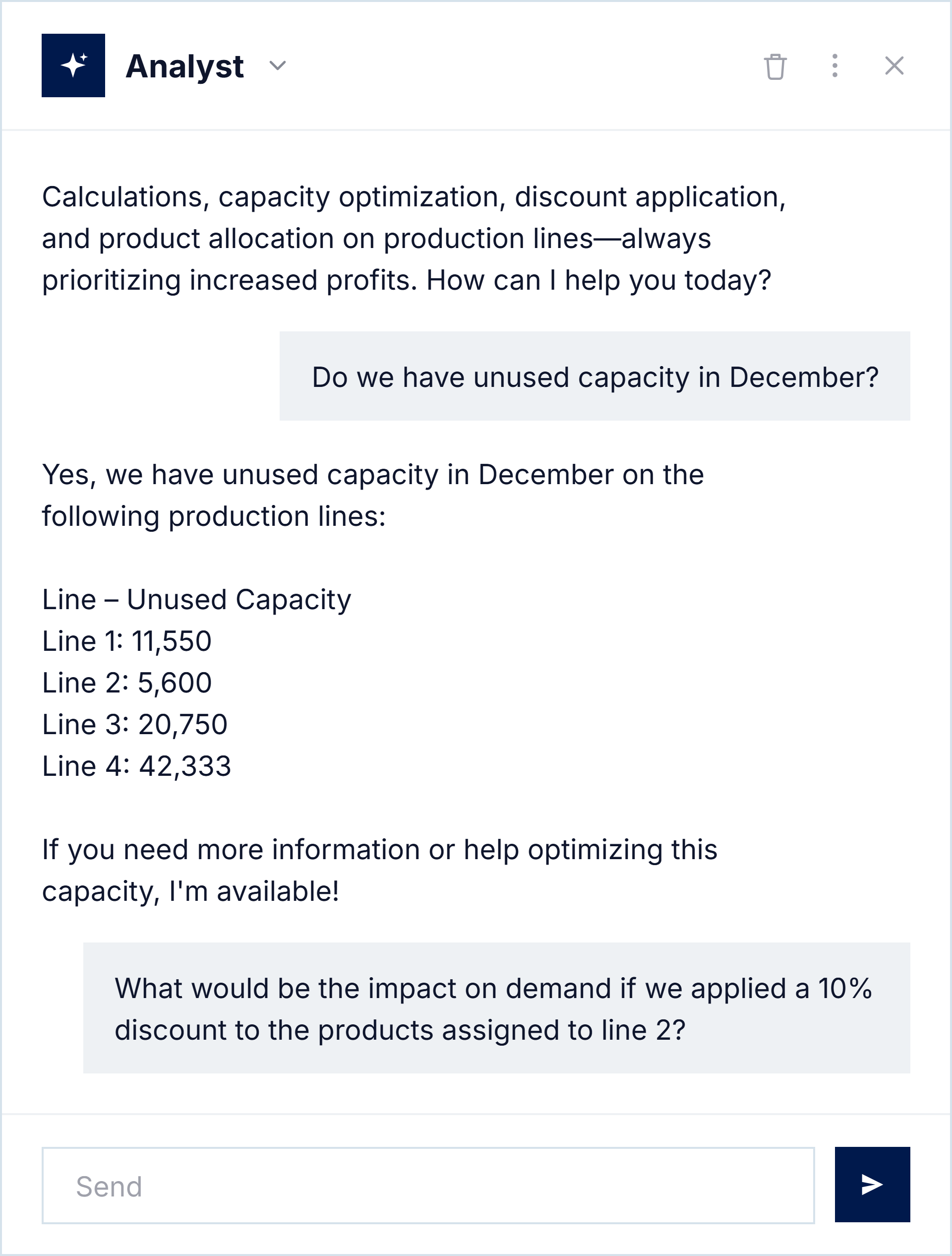 Converse com um analista sobre capacidade, dados de linhas de produção ociosas e o impacto de um desconto de 10% na demanda.