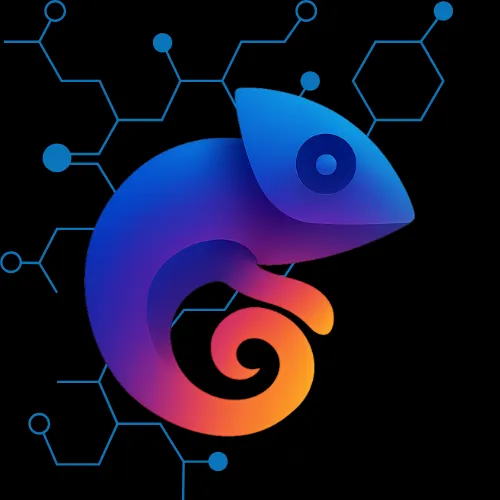 A vibrant, futuristic chameleon logo for StealthIQ, featuring a smooth gradient blend of deep blue, purple, and orange. The chameleon’s curled tail forms a spiral at the bottom, symbolizing adaptability and transformation. Its body is sleek and rounded, with a minimalist eye design. Behind the chameleon is a network of hexagonal and circular nodes in light blue, representing technology, intelligence, and interconnected systems.