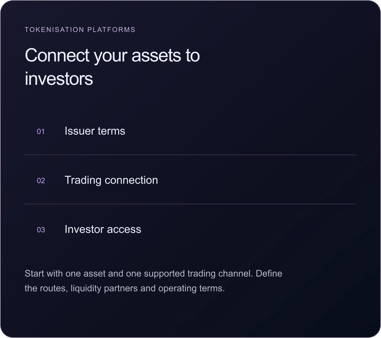 Dark-themed informational graphic titled 'Tokenisation Platforms' with a headline 'Connect your assets to investors' and a numbered list: 01 Issuer terms, 02 Trading connection, 03 Investor access. Below is a note: 'Start with one asset and one supported trading channel. Define the routes, liquidity partners and operating terms.'