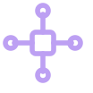 A purple network infrastructure icon with a central square connected by lines to four circles at top, bottom, left, and right.