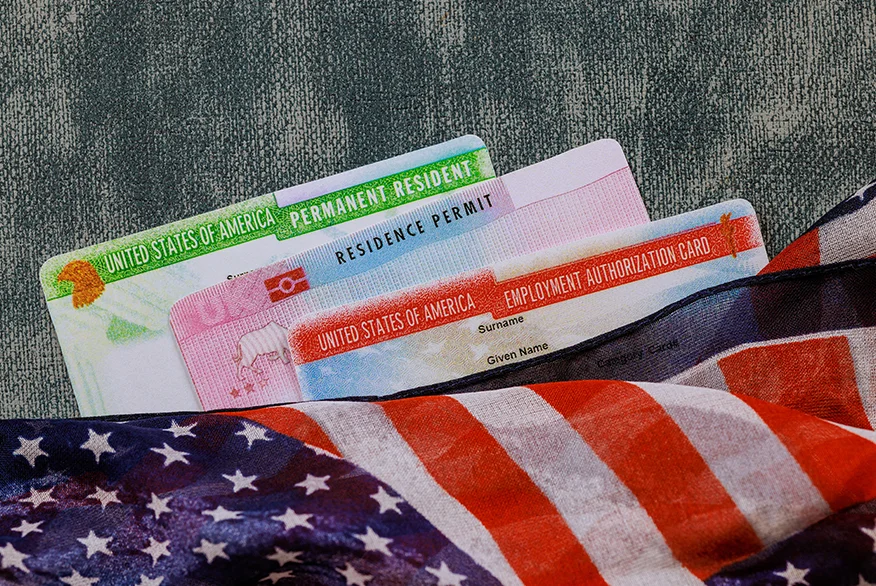 Image of a green card and work authorization card under a US flag.
