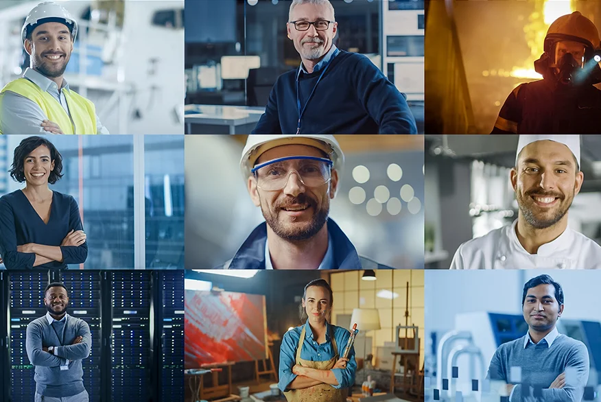 A collage of pictures of people of different professions. 